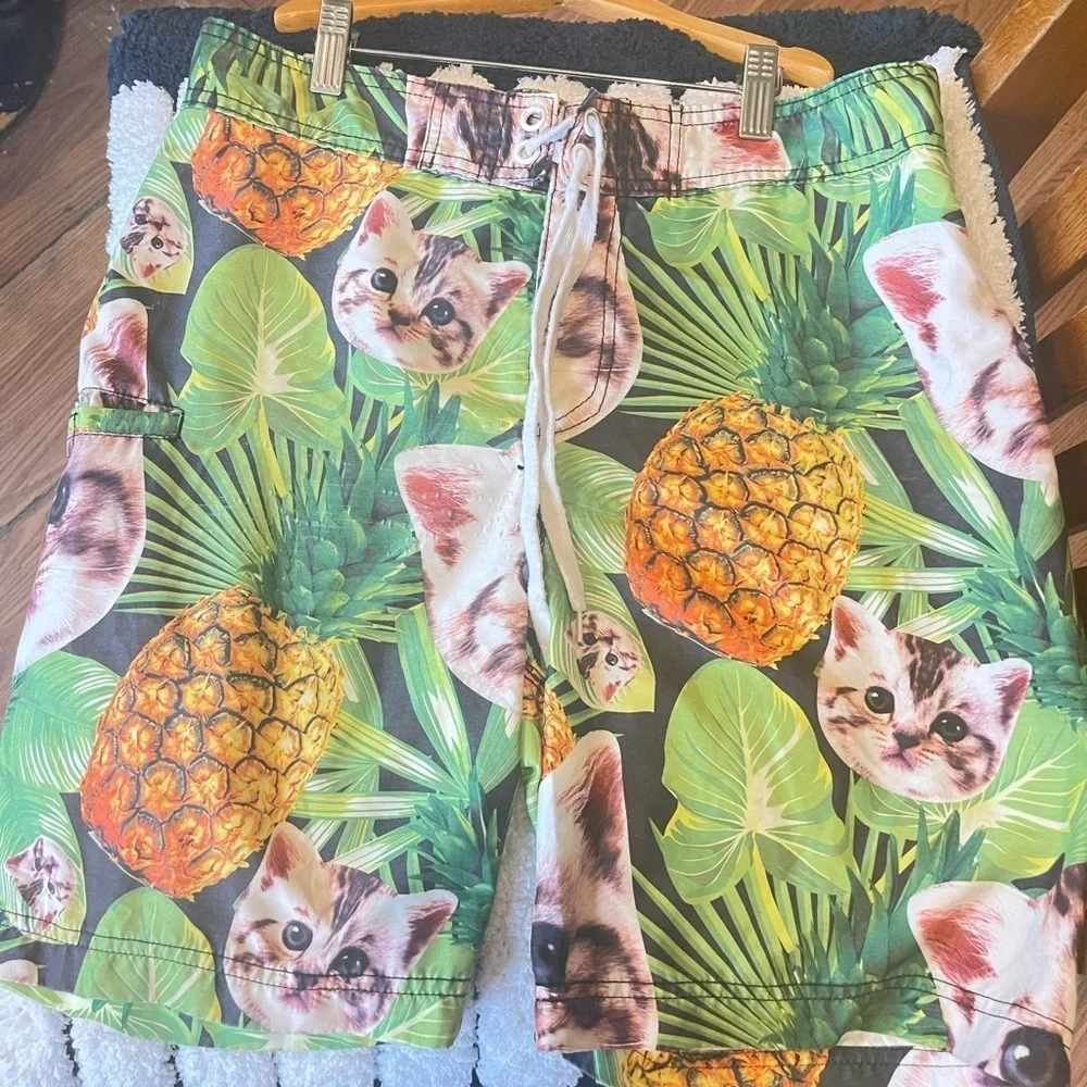 Hot Topic Black Matter Pineapple Cat Swim Trunks